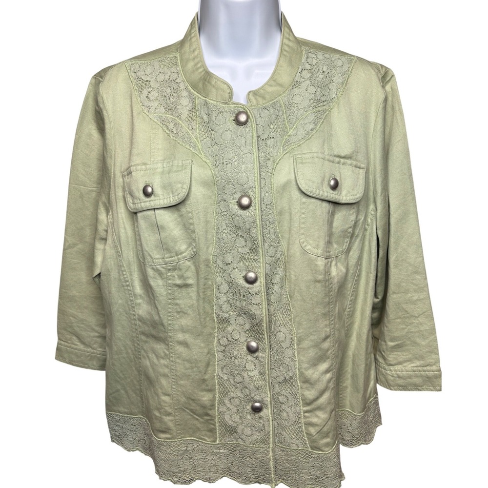 CHICO'S Womens Sage Green Buttoned Lace Trim Jacket Sz 2/L Utility Cottagecore